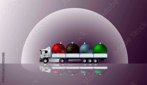 A large truck against the background of the moon at night carries a load of Christmas tree decorations for New Year and Christmas.