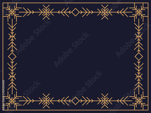 Christmas frame in art deco style with snowflakes. Line art vintage linear border. Design a template for invitations, leaflets and greeting cards. The style of the 1920s - 1930s. Vector illustration