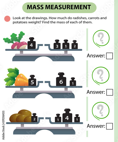 Math game, education game for children. Mass measurement. Scales. How much do radishes, carrots, and potatoes weight? Logic puzzle for kids. Worksheet vector design