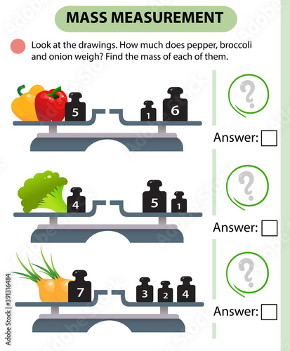 Math game, education game for children. Mass measurement. Scales. How much do peppers, broccoli and onions weight? Logic puzzle for kids. Worksheet vector design