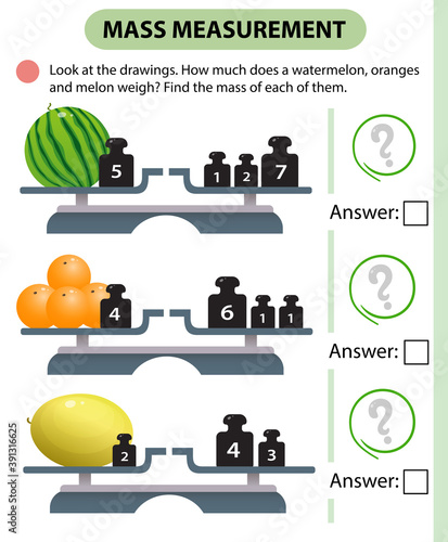 Math game, education game for children. Mass measurement. Scales. How much do watermelon, oranges and melon weight? Logic puzzle for kids. Worksheet vector design