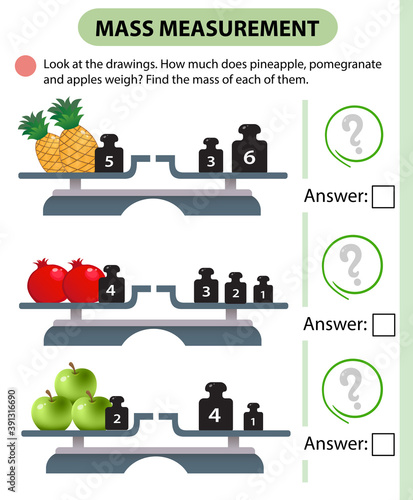 Math game, education game for children. Mass measurement. Scales. How much do pineapples, pomegranates and apples weight? Logic puzzle for kids. Worksheet vector design