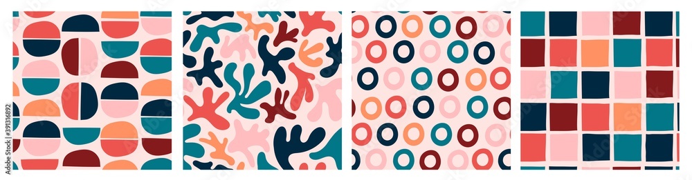 Various colored Abstract shapes. Set of four Colorful abstract Seamless patterns. Background, wallpaper. Hand drawn vector illustration. Pastel colors. Perfect for textile prints