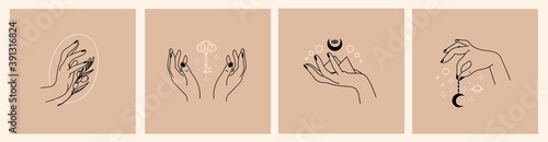 Elegant female hands. Moon, key, stars. Set of four Abstract free hand drawn Vector illustrations. Logo design templates in trendy minimalistic style. Witchcraft, Boho, Fashion, esoteric concept