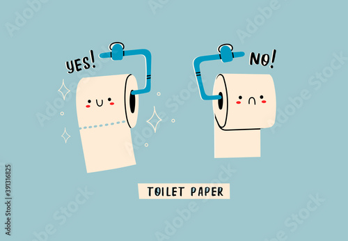 The Right Way to Hang Toilet Paper on the holder. Cute funny characters. Hygiene, WC, restroom, household concept. Cartoon style. Hand drawn trendy Vector illustration
