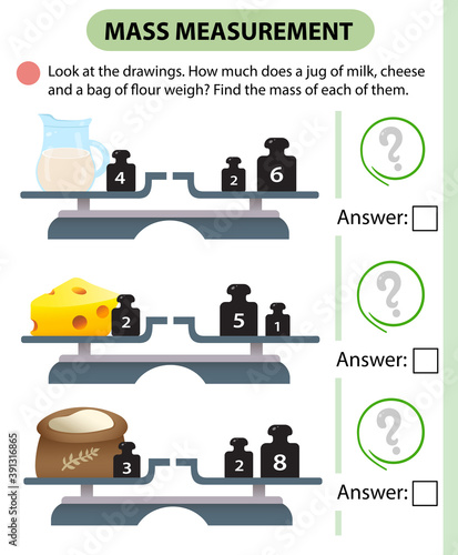 Math game, education game for children. Mass measurement. Scales. How much does a jug of milk, cheese and a bag of flour weight? Logic puzzle for kids. Worksheet vector design