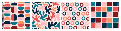 Various colored Abstract shapes. Set of four Colorful abstract Seamless patterns. Background, wallpaper. Hand drawn vector illustration. Pastel colors. Perfect for textile prints © Dariia