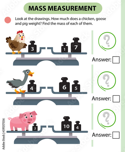 Math game, education game for children. Mass measurement. Scales. How much does a chicken, goose and pig weight? Logic puzzle for kids. Worksheet vector design
