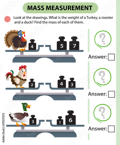 Math game, education game for children. Mass measurement. Scales. Solve the examples. Logic puzzle for kids. Worksheet vector design for preschoolers and schoolers.