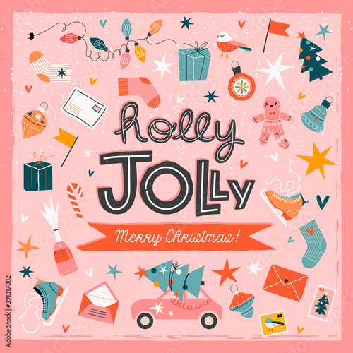 Holly Jolly pink Christmas trendy greeting card template. Festive Christmas lettering and cute illustrated elements around. Greeting card, invitation design. Winter holiday concept. 