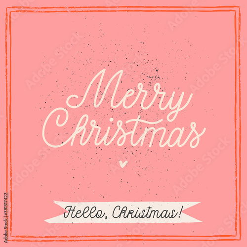 Merry Christmas square illustrated greeting card, invitation. Vintage hand-drawn card template. Pink greeting card. Winter holiday concept. Festive Christmas template.