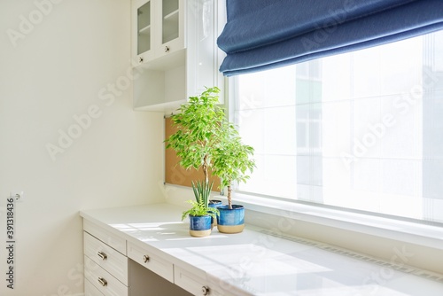 White interior background  close-up abstract details  table  roman blinds  window  blue flowerpots