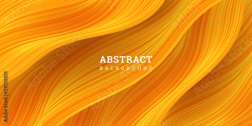 Wavy orange background 3D. Vector illustration warped stripes. Festive banner realistic style. Backdrop with flow lines. Yellow striped texture. Elegant decoration. Luxury design poster, wallpaper.
