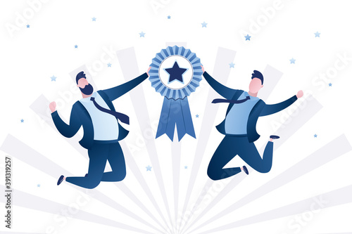 Happy people or business partners in jump. Successful team with winner medal sign. Award ceremony for winners.