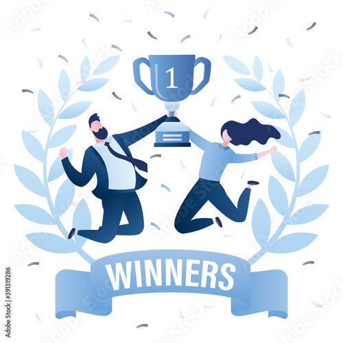 Happy business people or office workers with cup in jump. Successful team with first place cup. Gender equality.
