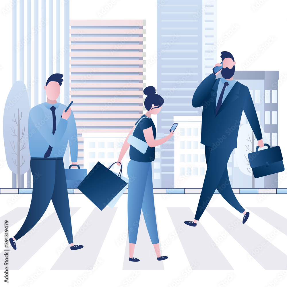 Obraz premium Group of employees cross road. Business people in suit go home or to work. Office workers with briefcases on crosswalk