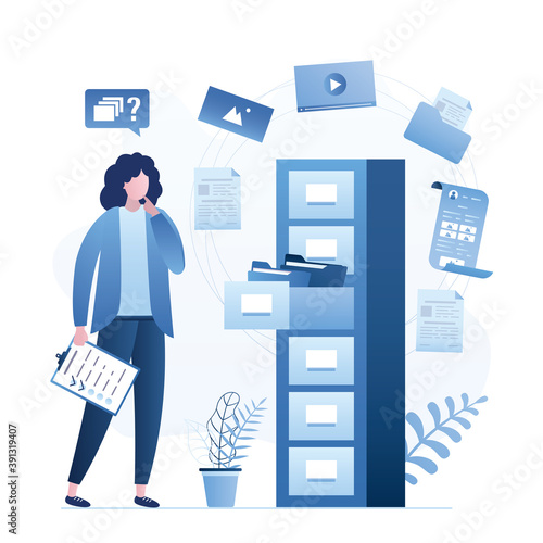 Businesswoman or clerk and large database. Hosting system and service. Open drawer with folders
