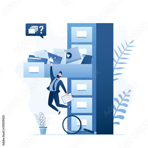 File manager. Open long drawer with folders and media content. Quick files search. Documents archiving and data storage.