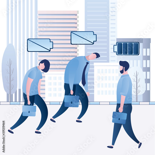Tired business people go home from work.  Employees with low charges. Office worker with full battery goes to work