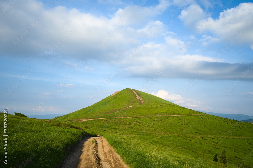 Dirt road tracks in the mountains on bright green meadow. Springtime mountain landscape. Hiking trail to the mountain peak. Carpathians, Ukraine. Dirt road tracks in the mountains on bright green meadow. Springtime mountain landscape. Hiking trail to the mountain peak. Carpathians, Ukraine.