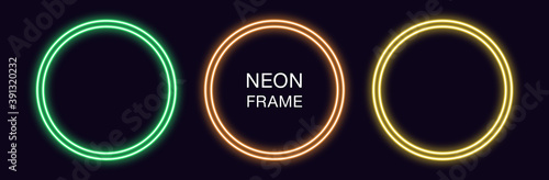 Neon circle Frame. Set of round neon Border with double outline