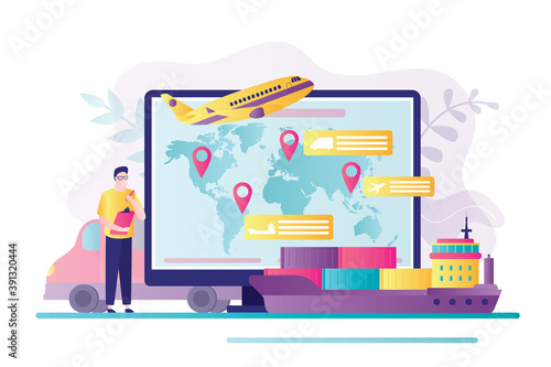 Manager monitors the delivery of parcels. Ship full of various cargo. Concept of logistics, transportation and worldwide shipping