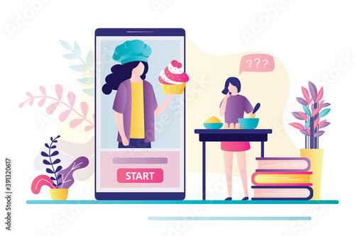 Female character learns to cook using online courses. Pastry chef with cupcake on smartphone screen. Woman bakes with tutorial video