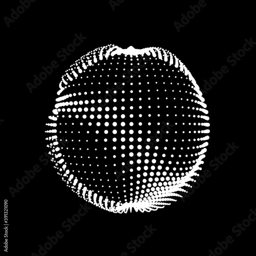A deformed deflating sphere formed from a sea of dots. An unstable sphere, iridescent with abstract smooth deformations.
