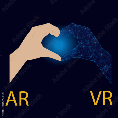 Augmented reality. The virtual and real hands are connected in the heart. Modern technologies. Internet business project. VR. AR
