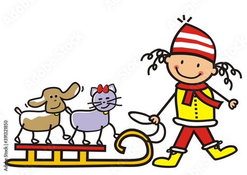 Girl with dog and cat with sledge, humorous vector illustration