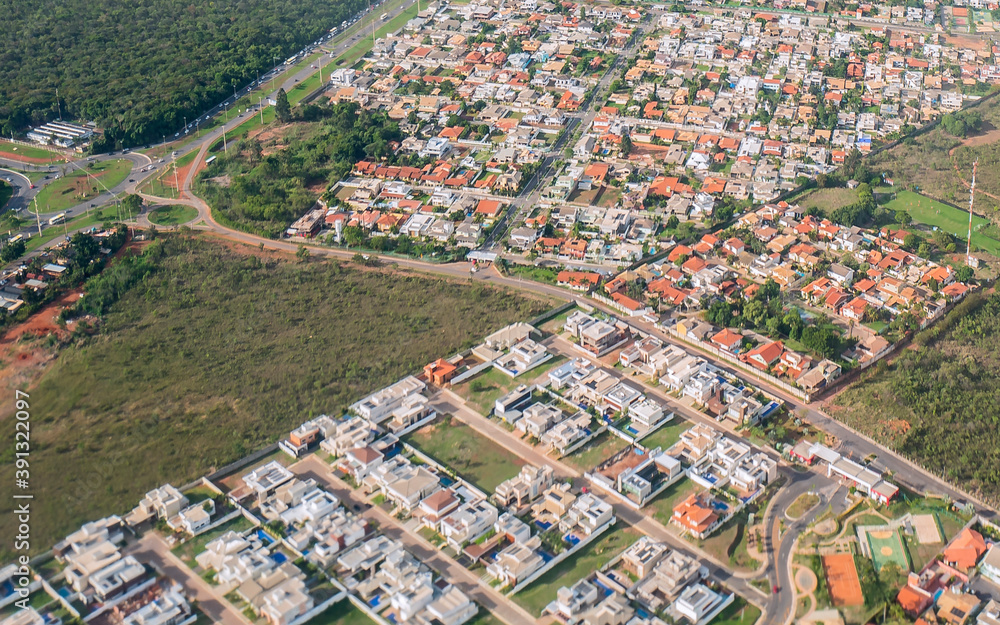 Aerial view of houses in the South Lake neighborhood (Paranoa Lake), Brasilia, Brazil, Wagner Santos de Almeida