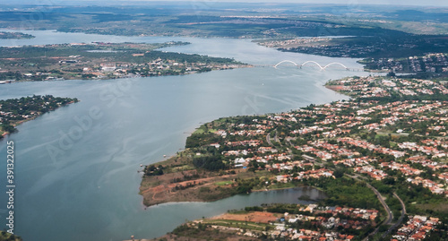 Aerial view Paranoa Lake, JK Bridge and Lago Sul (South Lake) Neighborhood. Brasilia, November 2017