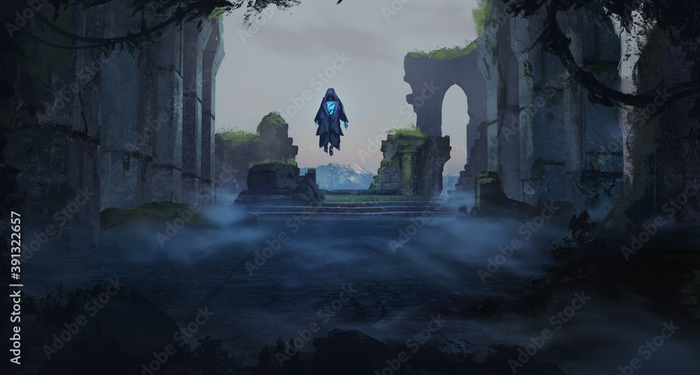 Digital painting of castle ruins with a mysterious undead ghost king floating on a destroyed throne - fantasy illustration
