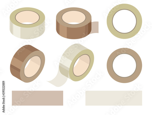 Roll of transparent and brown adhesive tape and torn stripes. Office stationery. Piece of glue scotch tape. Vector illustration.	