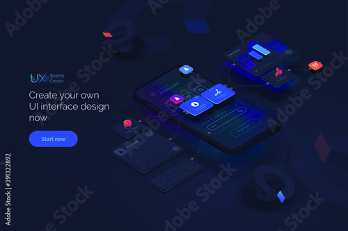 User experience. Smartphone mockup on black background with interactive user interface. The process of creating a mobile application. Website wireframe for mobile apps with active layers and links