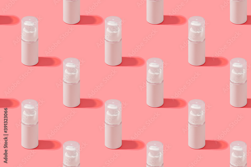 Trendy sunlight beauty pattern made with Blank white tube cream on bright light pink background. Seamless pattern Trendy sunlight beauty pattern made with Blank white tube cream on bright light pink background. Seamless pattern