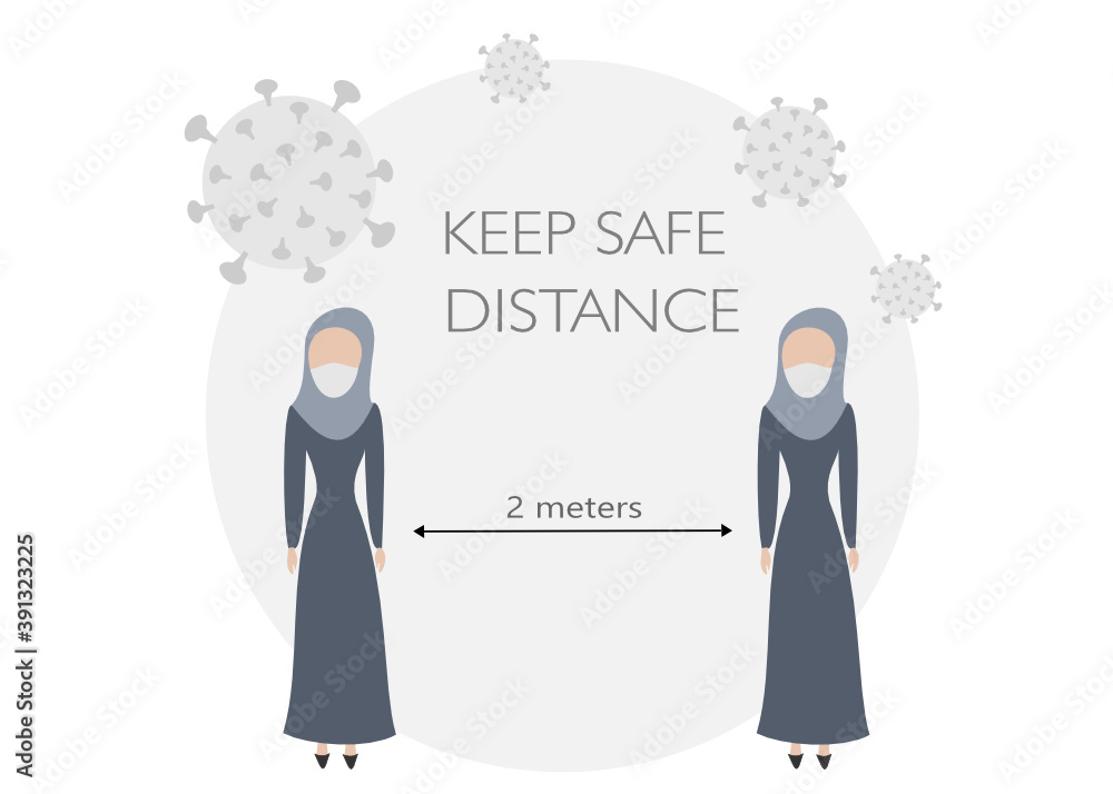 Keeping safe distance concept in times of coronavirus global pandemic. Two muslim women with hijab and medical mask keeping social distance of two meters as set in rules to prevent covid-19 contagion
