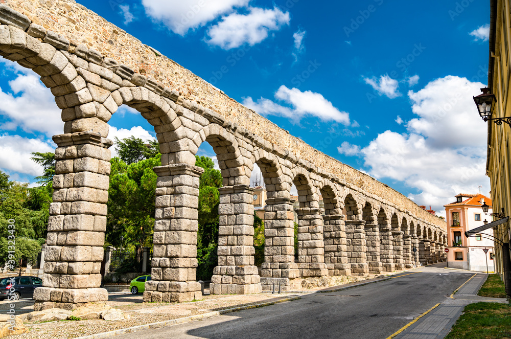Ancient roman aqueduct of Segovia in Castile and Leon, Spain