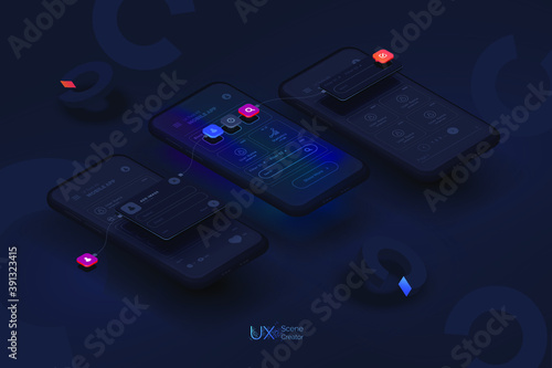 User experience. Smartphone mockup on black background with interactive user interface. The process of creating a mobile application. Website wireframe for mobile apps with active layers and links