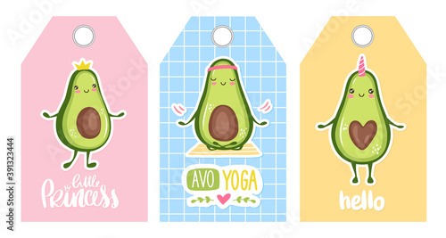 Cute vector tags with Cartoon avocado characters - unicorn, princess, doing yoga. Kawaii vector illustration. Happy fruits.