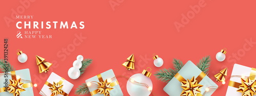 Christmas and New Year greeting card, background, sale poster, holiday cover. Modern Xmas banner design with border made of gift boxes, golden conical Christmas trees, balls, pine branches, lights