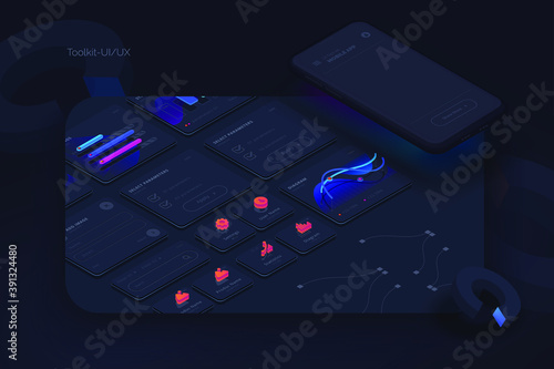 Toolkit-UI/UX scene creator. Mobile application design. Smartphone mockup with active blocks and connections. Creation of the user interface. Modern vector illustration isometric style
