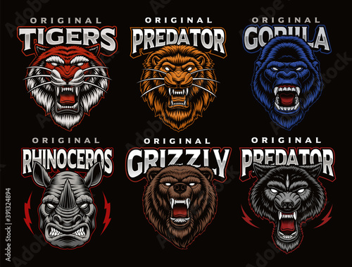 A bundle of colorful badges of different animals such as a lion, a wolf, a tiger, a gorilla, and others. These designs can be used as logo templates for sports teams as shirt prints as well as for man