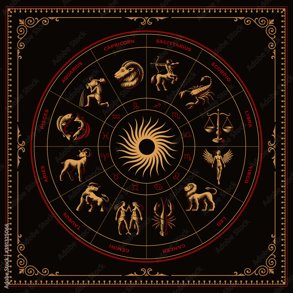 A bundle of vector zodiac signs in engraving style on dark background A bundle of vector zodiac signs in engraving style on dark background