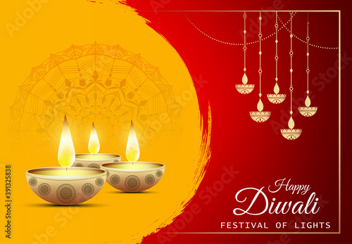 Happy Diwali - festival of lights colorful background with decorative diya lamp and rangoli.