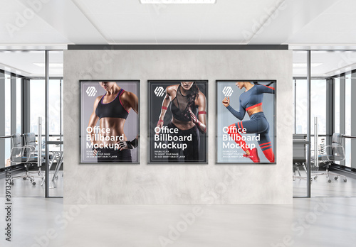 3 Vertical Frames Hanging on Concrete Office Wall Mockup