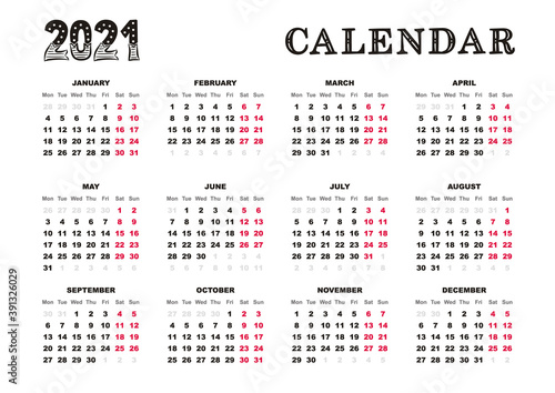 Landscape Calendar 2021 template. Week starts from monday. Yearly calendar. 12 months yearly calendar set in 2021. Vector illustration.