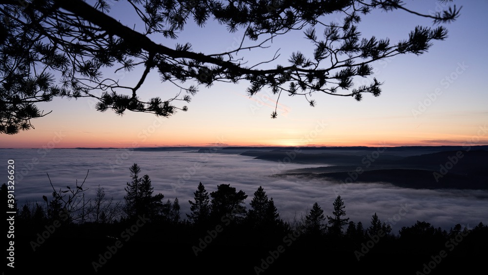 The fog is dense and like a lid on top of Oslo, Norway. Clear sky above the fog and it almost loos like clouds. Shot in golden hour and blue hour to get the best light. Shot from Holmenkollen. 