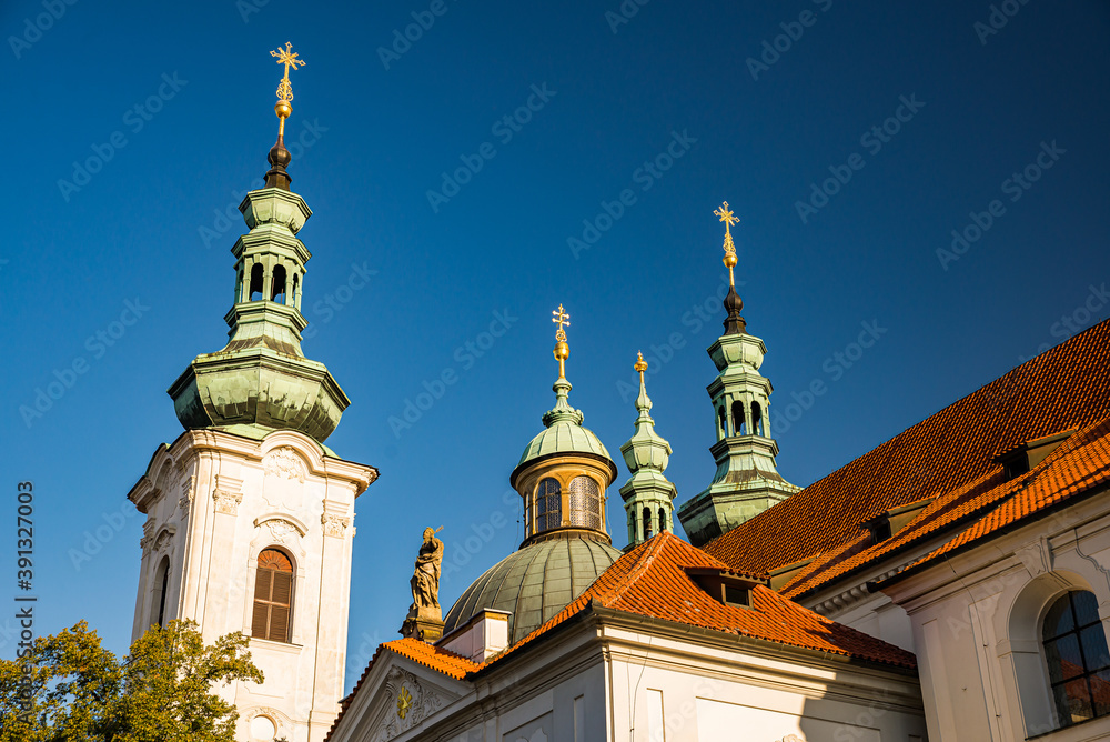 Prague, Czech republic - September 19, 2020. Towers of the Brevnov Monastery