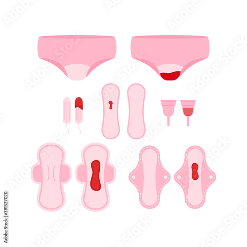 Sanitary napkin, women menstrual pad, tampon, reusable pad, menstrual cup underpants  with menstruation blood and clean icon vector set isolated on white background. Flat design cartoon illustration.
